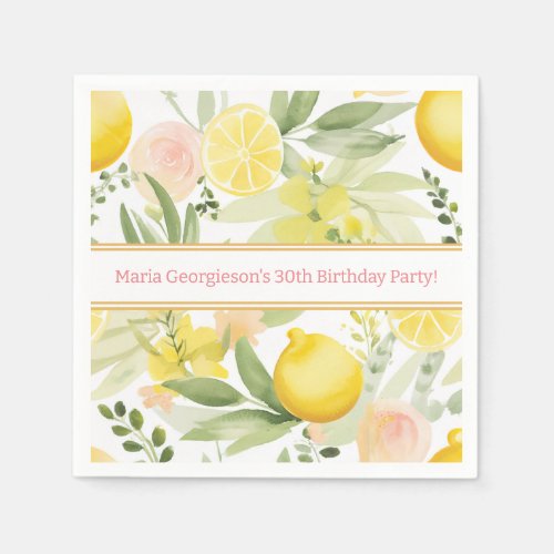 Watercolor Lemon Floral Themed Birthday Party Napkins