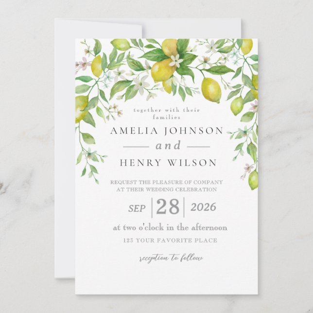 Watercolor Lemon Floral Wedding Invitation (Front)