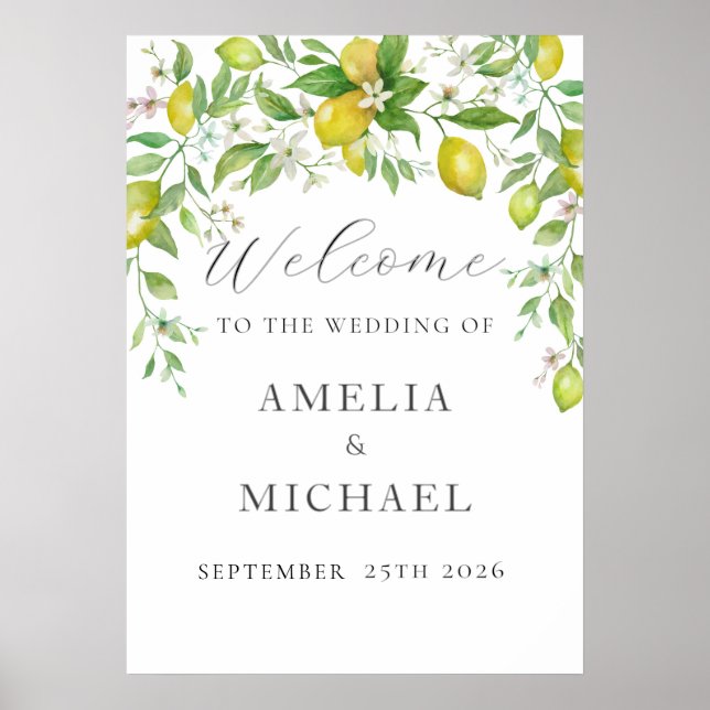 Watercolor Lemon Floral Wedding Welcome Foam Board Poster (Front)