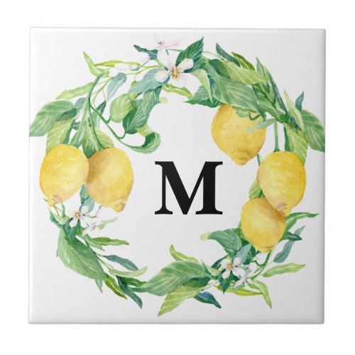 Watercolor Lemon Floral Wreath w Family Monogram Ceramic Tile