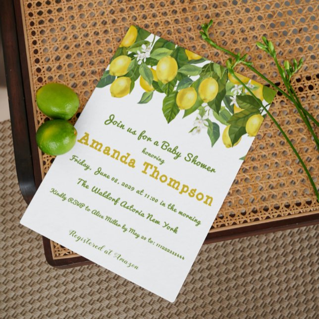 Watercolor Lemon & Flower Yellow White Baby Shower Invitation (Creator Uploaded)