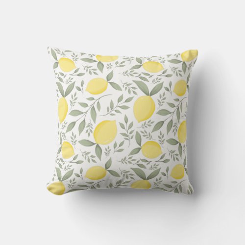 Watercolor Lemon Foliage Botanical Pattern Throw Pillow