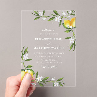 watercolor lemon foliage wedding acrylic invitations