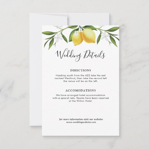 watercolor lemon foliage wedding details card