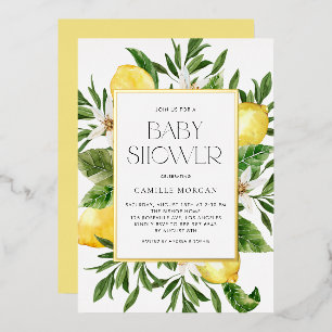Watercolor Lemon Frame Botanical Baby Shower Foil Invitation