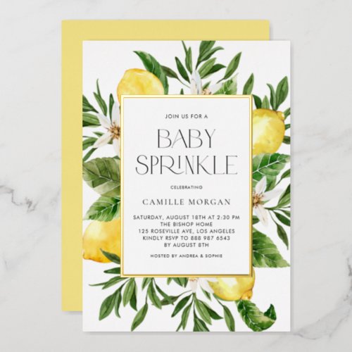 Watercolor Lemon Frame Botanical Baby Sprinkle Foil Invitation