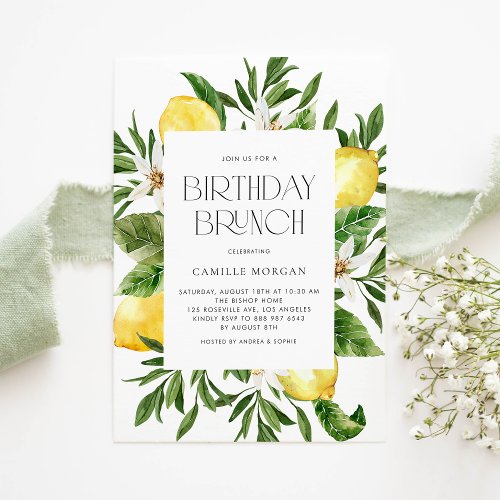 Watercolor Lemon Frame Botanical Birthday Brunch Invitation