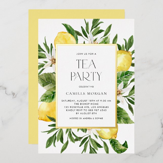 Watercolor Lemon Frame Botanical Bridal Tea Party Foil Invitation (Front/Back)