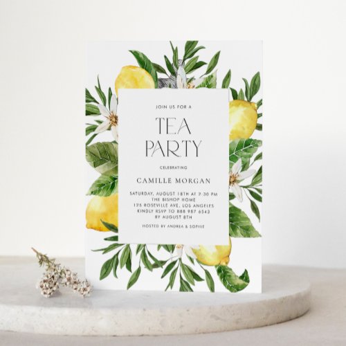 Watercolor Lemon Frame Botanical Bridal Tea Party Invitation