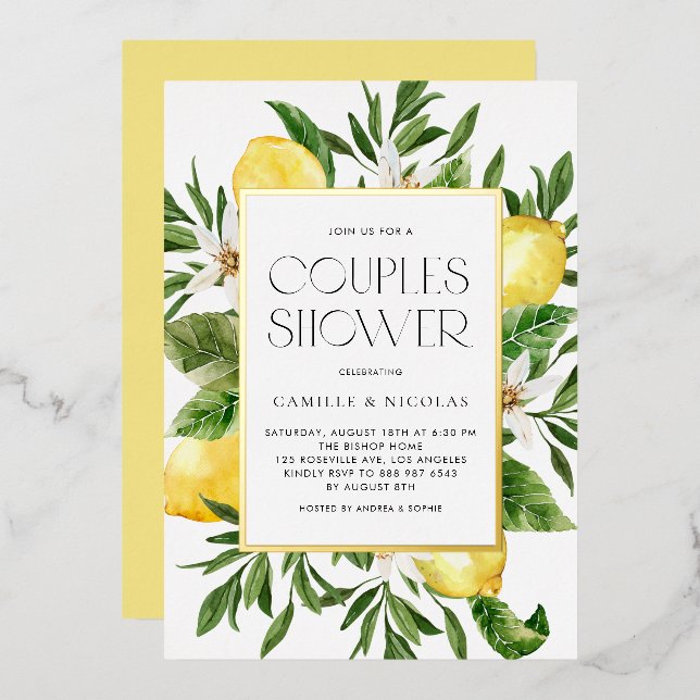 Watercolor Lemon Frame Botanical Couples Shower Foil Invitation (Front/Back)