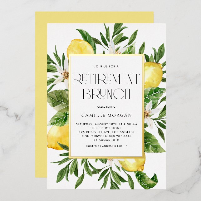 Watercolor Lemon Frame Botanical Retirement Brunch Foil Invitation (Front/Back)