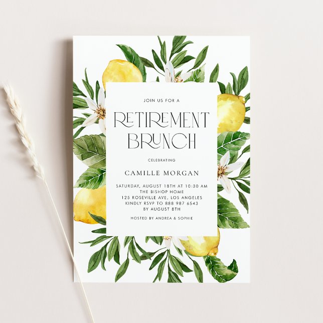 Watercolor Lemon Frame Botanical Retirement Brunch Invitation (Creator Uploaded)