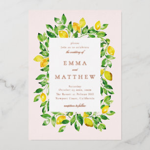 Watercolor Lemon Frame in Beige Background Foil Invitation