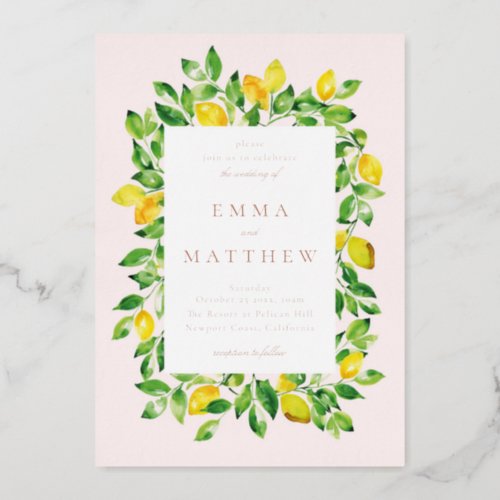 Watercolor Lemon Frame in Beige Background Foil Invitation