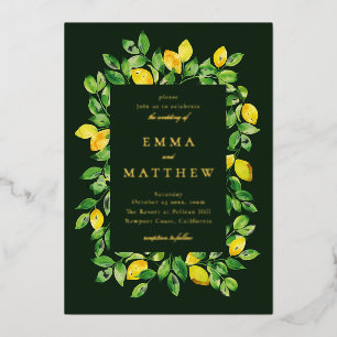 Watercolor Lemon Frame in Dark Background Foil Invitation