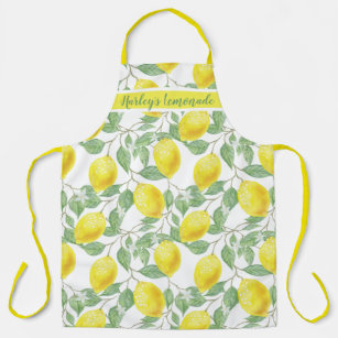 Watercolor Lemon Fruit Leaves Pattern Monogram Apron