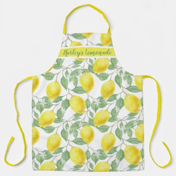 Watercolor Lemon Fruit Leaves Pattern Monogram Apron by BCMonogramMe at Zazzle
