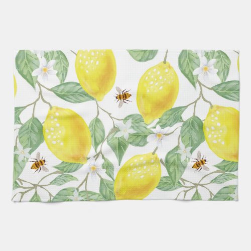 Watercolor Lemon Fruit Lemon Blossom and Bees Kitchen Towel