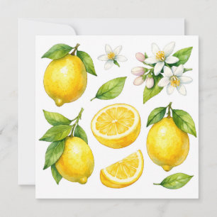 Watercolor Lemon Fruit, Lemon Leaves and Blossom  Card