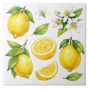 Watercolor Lemon Fruit, Lemon Leaves and Blossom  Ceramic Tile