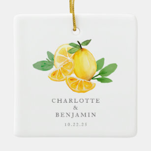 Watercolor Lemon Fruit Personalized Wedding  Ceramic Ornament