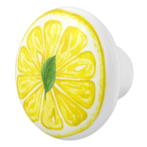 Watercolor Lemon Fruit Slice with Lemon Leaf Ceramic Knob