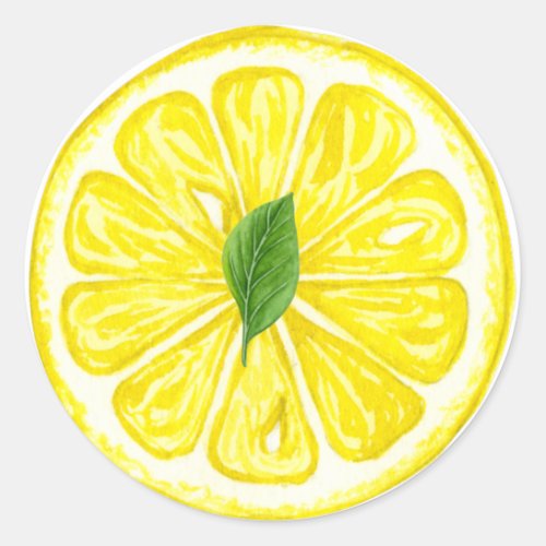 Watercolor Lemon Fruit Slice with Lemon Leaf  Classic Round Sticker