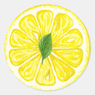 Watercolor Lemon Fruit Slice with Lemon Leaf Classic Round Sticker