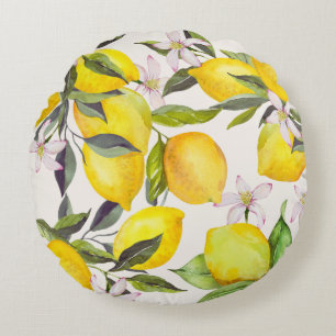 Watercolor Lemon Garden Round Pillow