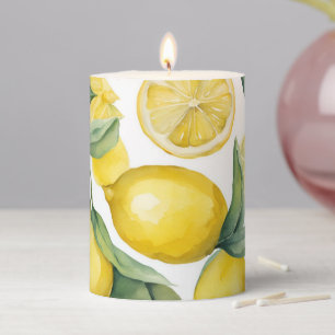 Watercolor Lemon Garden White Pillar Candle