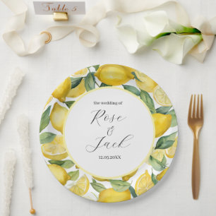 Watercolor Lemon Garden White Wedding Paper Plates