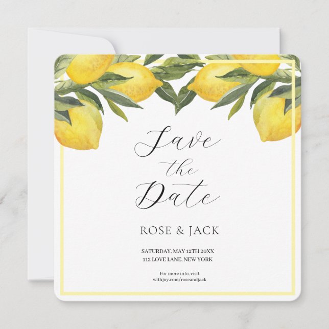 Watercolor Lemon Garden White Wedding Save The Date (Front)