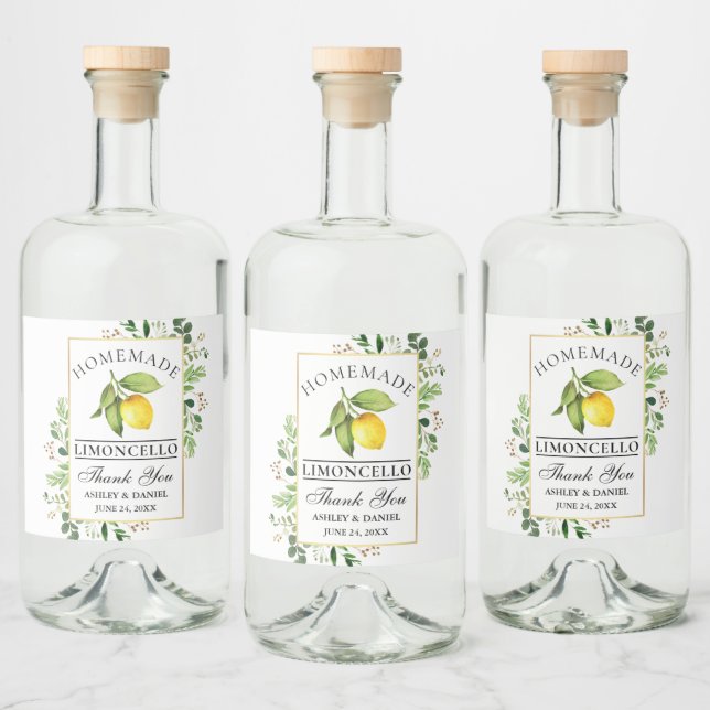 Watercolor Lemon Gold Limoncello Liquor Bottle Label (Bottles)
