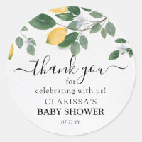Watercolor Lemon & Greenery Baby Shower Thank You Classic Round Sticker
