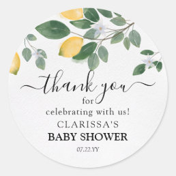 Watercolor Lemon &amp; Greenery Baby Shower Thank You Classic Round Sticker
