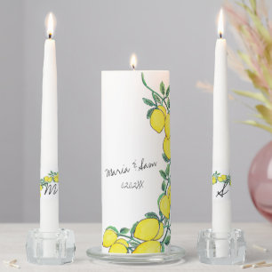 Watercolor Lemon Greenery Citrus Script Hand Drawn Unity Candle Set