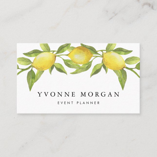 Watercolor Lemon Greenery Garland Rustic Business Card (Front)