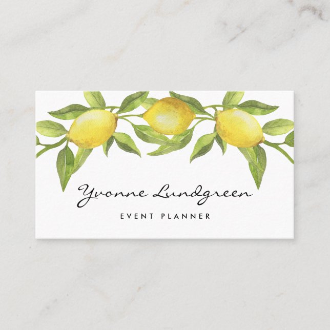 Watercolor Lemon Greenery Garland Script Business Card (Front)