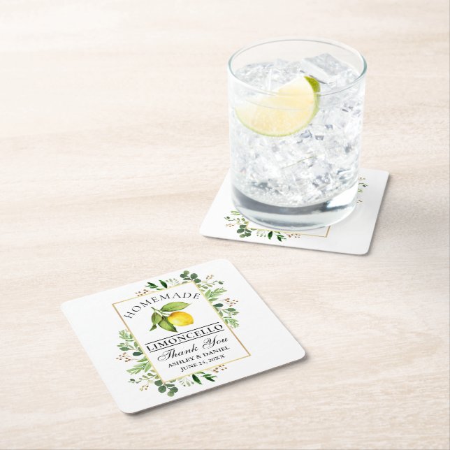 Watercolor Lemon Greenery Gold Limoncello Square Paper Coaster (Insitu)