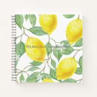 Watercolor Lemon Greenery Leaves Personalised Notebook
