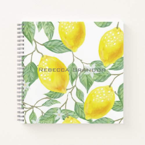 Watercolor Lemon Greenery Leaves Personalised Notebook