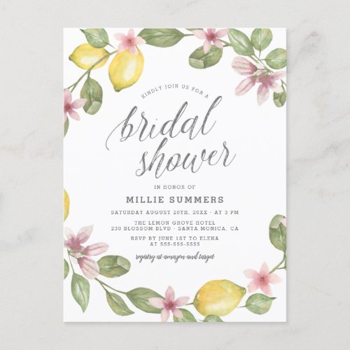 Watercolor Lemon Greenery Modern Bridal Shower Invitation Postcard