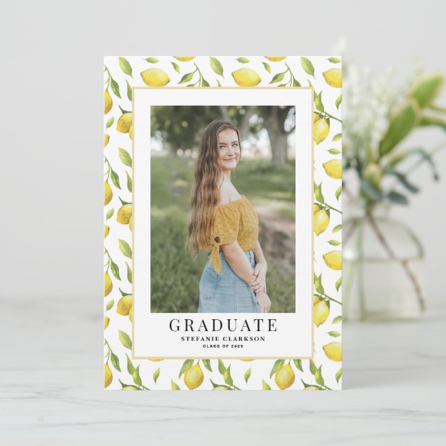 Watercolor Lemon Greenery Pattern Photo Graduation Invitation (Standing Front)
