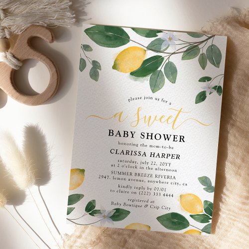 Watercolor Lemon  Greenery Sweet Baby Shower Invitation