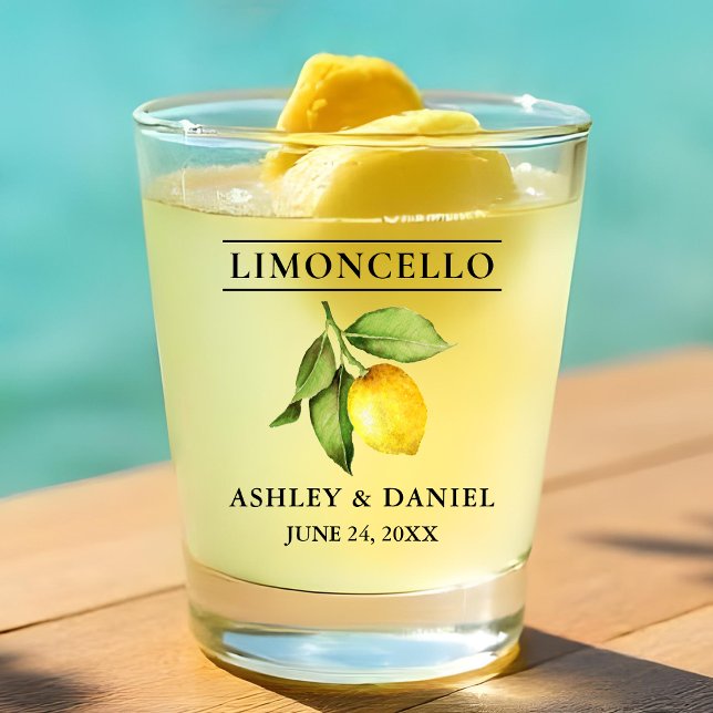 Watercolor Lemon Greenery Wedding Limoncello Shot Glass (Customize to change text size or text style.)