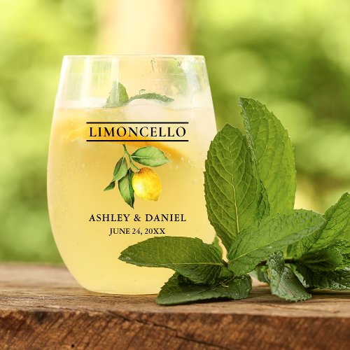 Watercolor Lemon Greenery Wedding Limoncello Stemless Wine Glass