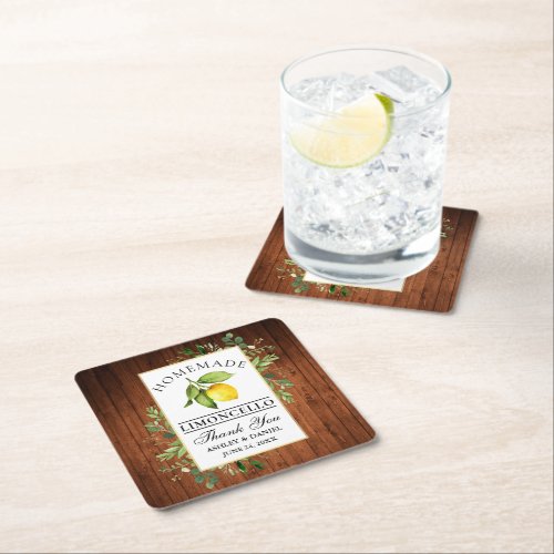 Watercolor Lemon Greenery Wood Limoncello Square Paper Coaster