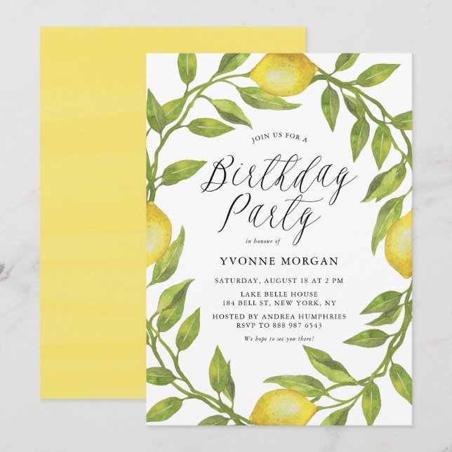 Watercolor Lemon Greenery Wreath Birthday Party Invitation (Front/Back)