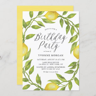 Watercolor Lemon Greenery Wreath Birthday Party Invitation