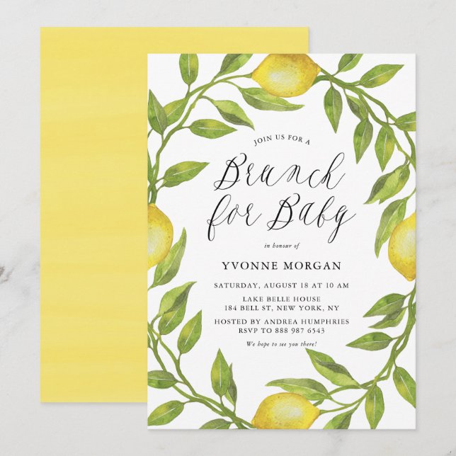 Watercolor Lemon Greenery Wreath Brunch for Baby Invitation (Front/Back)
